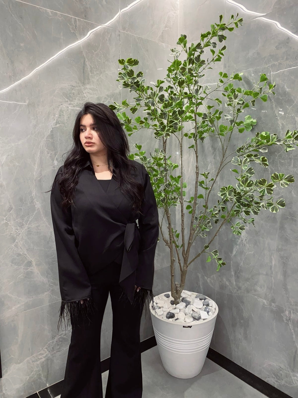 Black Feathered Criss-Cross blouse